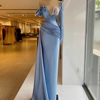 sky blue satin mermaid evening dress ruffle pleats sequined one shoulder prom gowns for women formal party dress