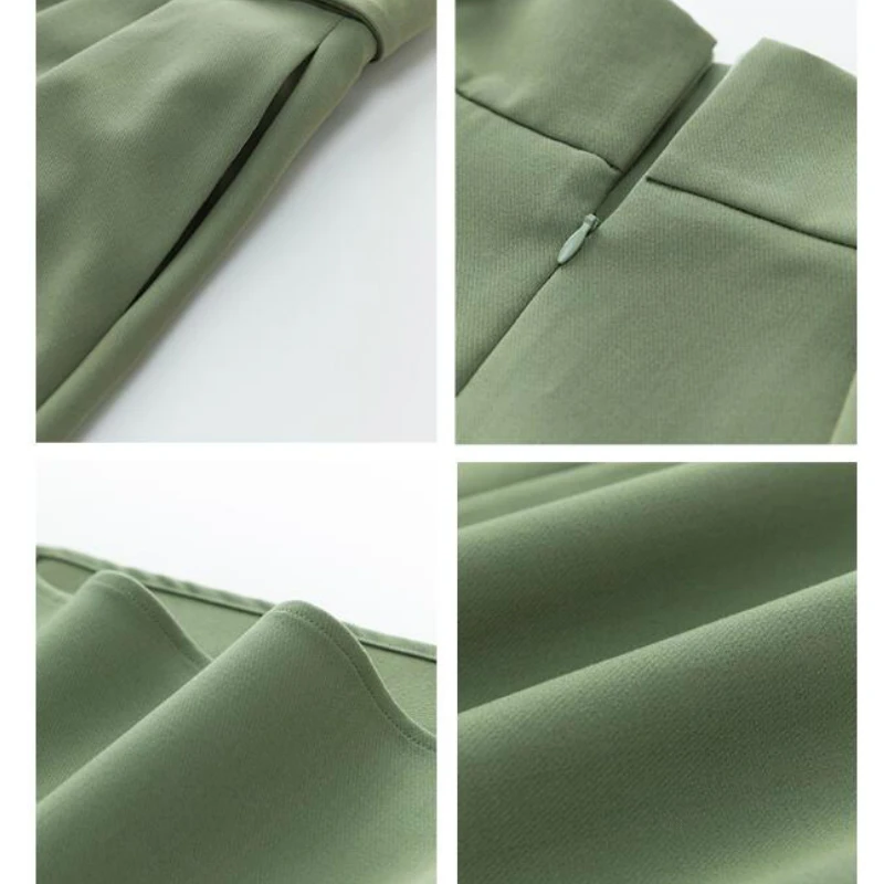 

Spring Summer Solid A-line Long Skirt with Belt Pockets New Style High Waist Zipper Elegant Pleated Midi Skirts Army Green Blue