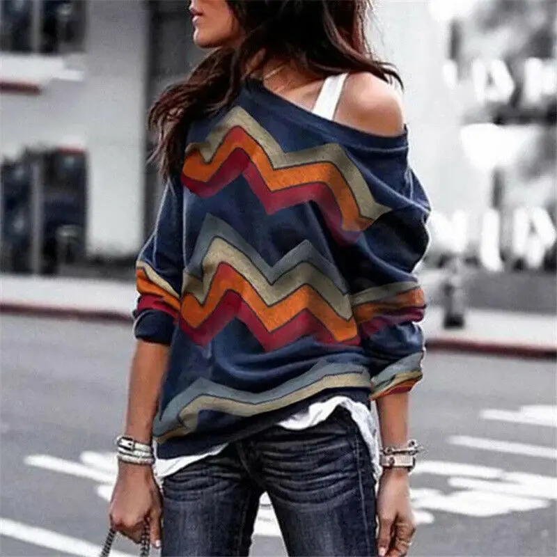 

Women winter Sweaters Ladies stripe One shoulder Crew Neck Long Sleeve Pullover Knit Sweaters Loose Jumper Tops Blouse
