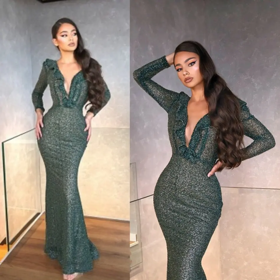 

2020 Сексуальные вечерние платья-футляр с юбкой-годе с глубоким V-образным вырезом и длинным рукавом для вечеринки