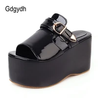 gdgydh belt buckle shoes women high platform candy color black gothic cosplay comfort wedge heels sandal slippers summer outdoor