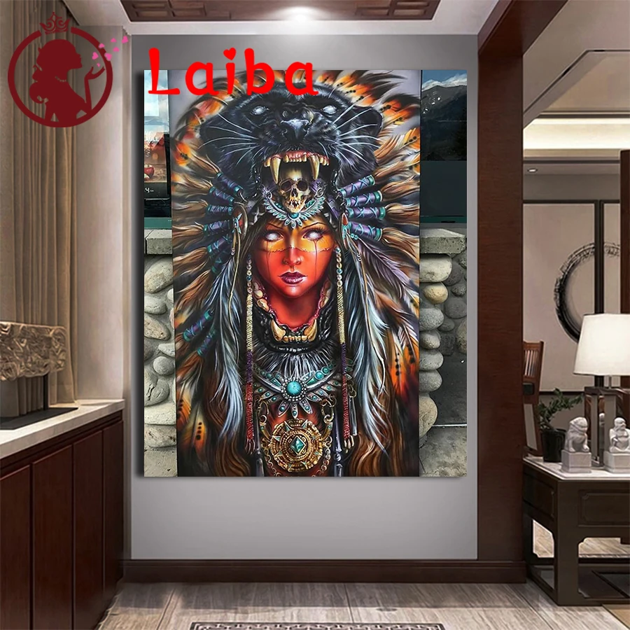 

5d diy full square round drill Indian woman and wolf diamond painting mosaic embroidery diamond cross stitch home decoration
