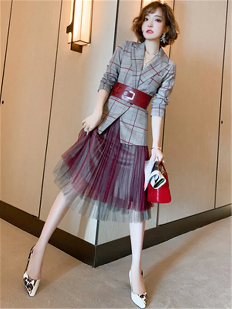 

Checked Waist Small Suit Jacket + Pleated Mesh Temperament Skirt Set Women 2021 New