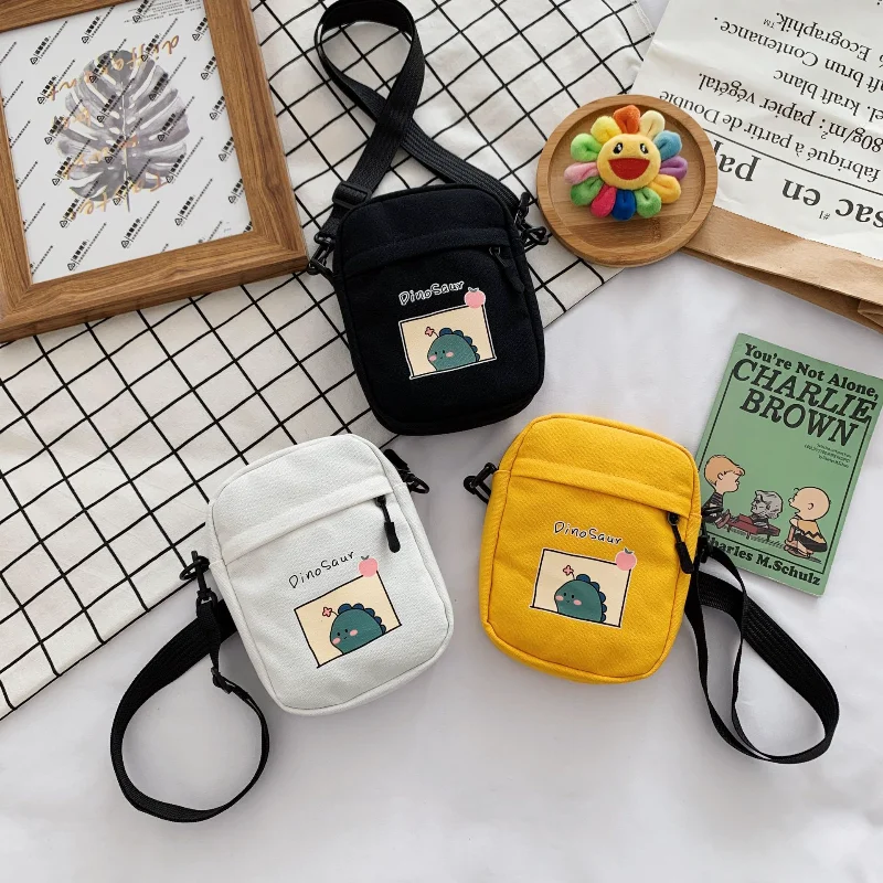 Маленькая квадратная холщовая сумочка Kawaii Dinosaur на молнии сумка через плечо для