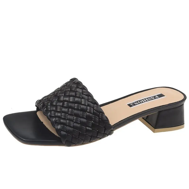 

Female Shoes Ladies' Slippers Square heel Med Luxury Slides 2021 Block Designer Summer Hoof Heels Fabric Sewing Basic PU Fashion
