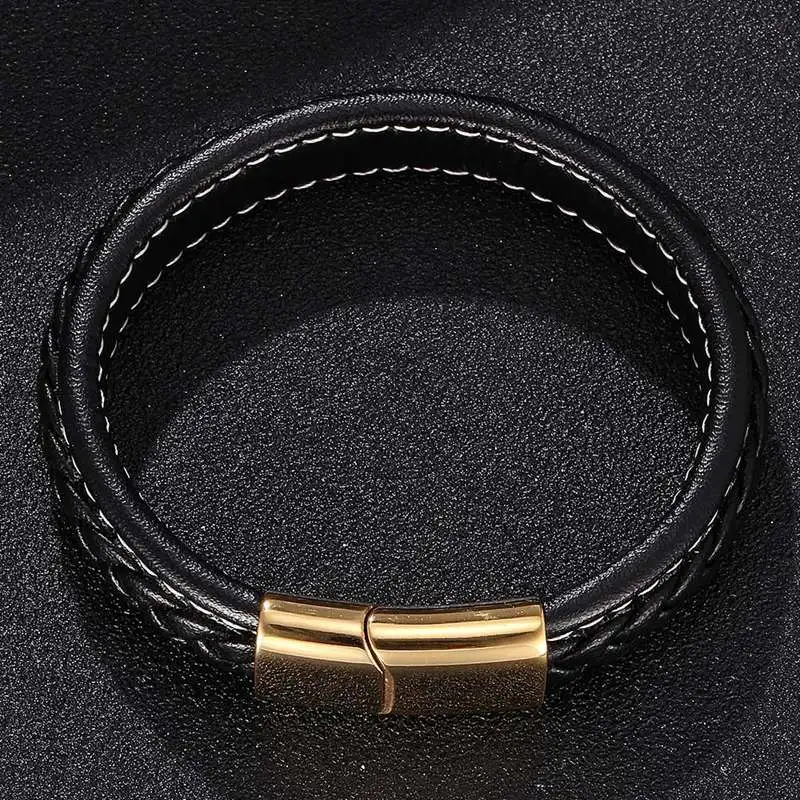 Черный Кожаный Плетеный мужской Браслет Золотая магнитная пряжка из нержавеющей