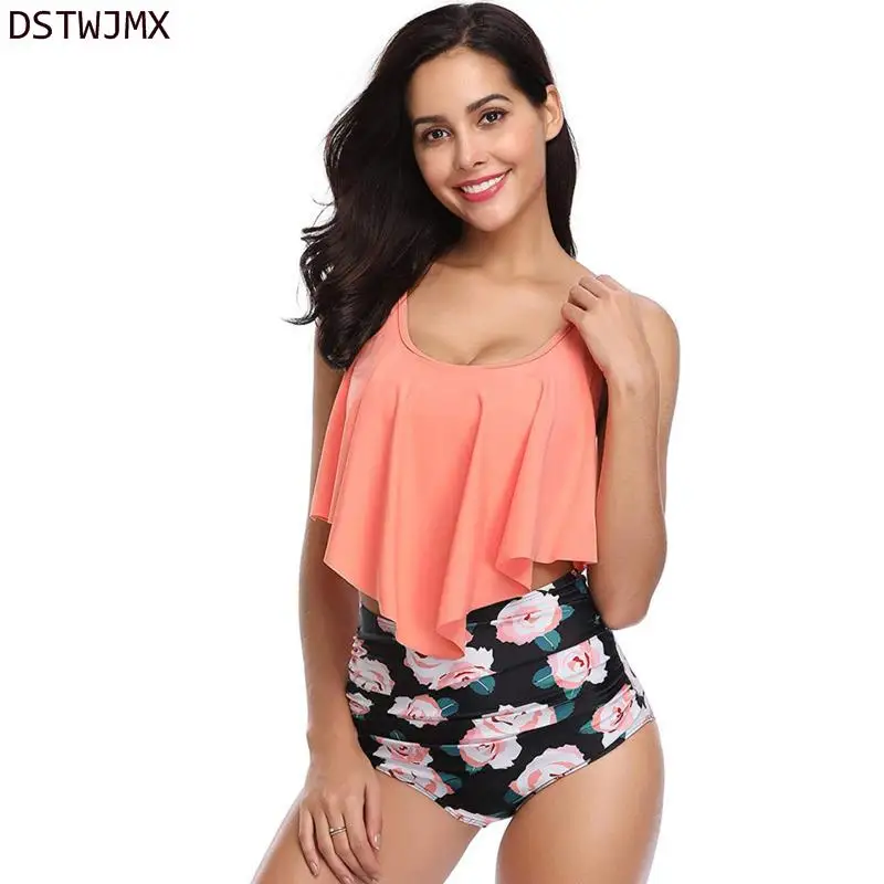 

DSTWJMX 3XL Plus Size Biquini 2021 Women Swimsuit High Waist Ruched Ruffles Beach Bathing Suit Summer Sexy Swimming Bikini Set