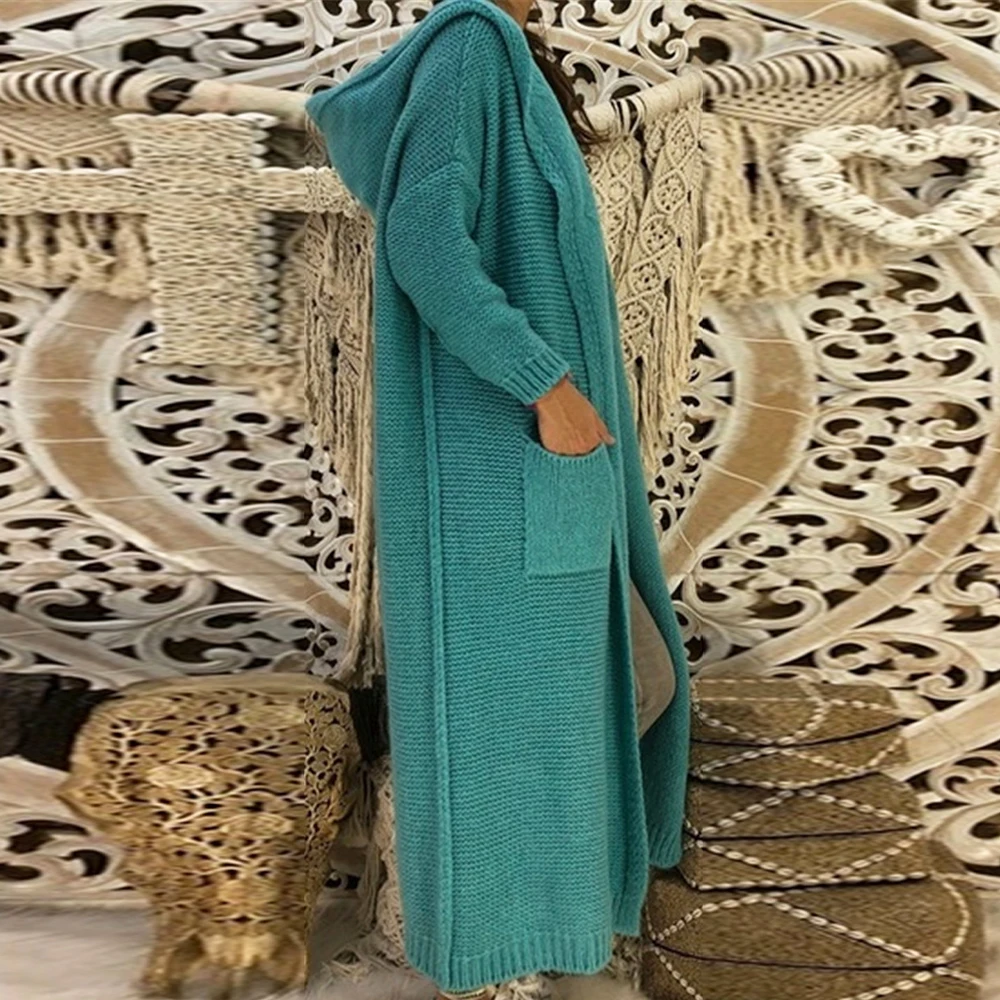 Женский длинный вязаный кардиган верхняя одежда с карманами и капюшоном осень 2019