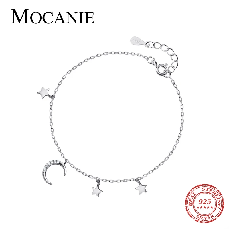 

Mocanie Shining CZ Lovely Star Moon Bracelet for Women 925 Sterling Silver Simple Link Chain Bangle Korea Style Fine Jewelry