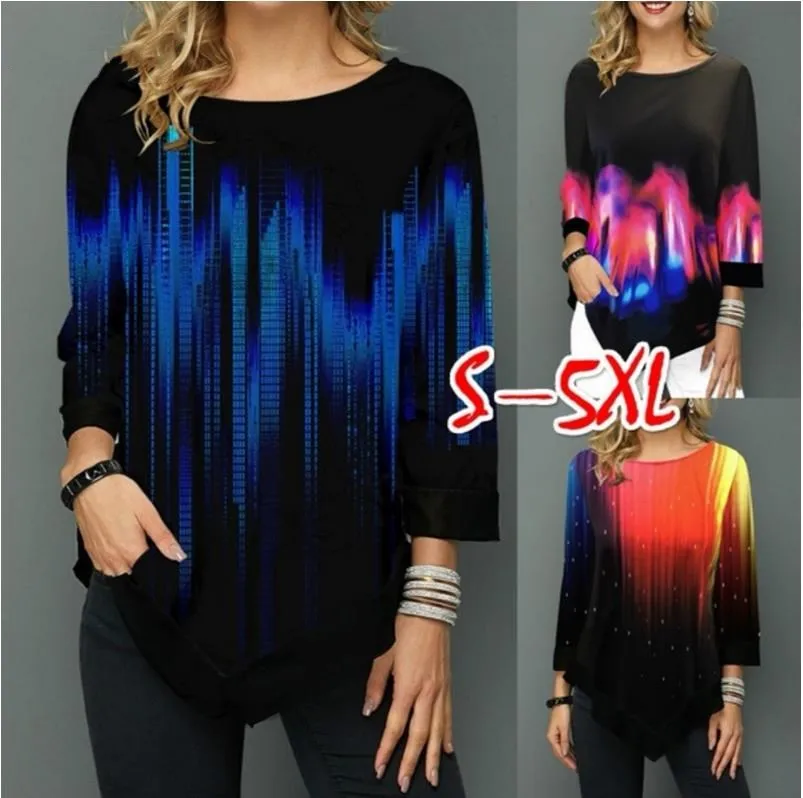 

Shirt Blouse Women Plus size New Spring Summer print Blue Tops 3/4 Sleeve Elasticity Splice Female Shirt Casual