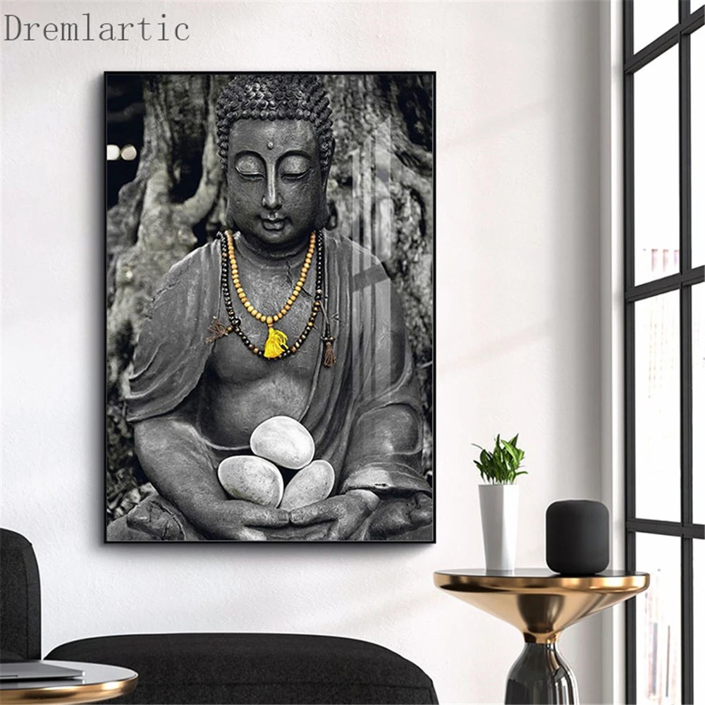 

White Black Buddha statue Canvas Poster Silk Fabric Modern Style Prints Party House Decor Room#20-1005-43-07