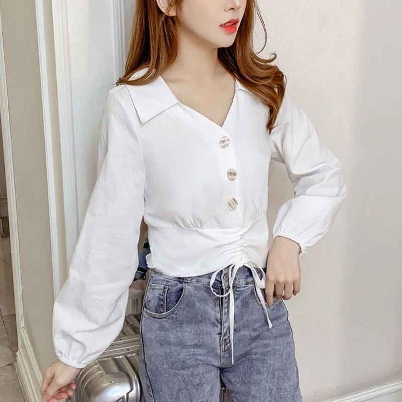 

Casual White Blouse Women 2021 Summer Long Sleeve V-Neck Chiffon Shirt Womens Button Shirts