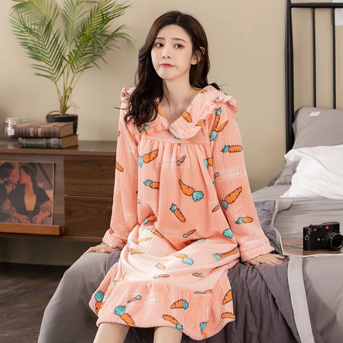 2021 Spring Autumn New Nightdress Women's Long Sleeve Korean Cartoon Flannel Nightdress Baby Collar Home Wear Women Nightgown