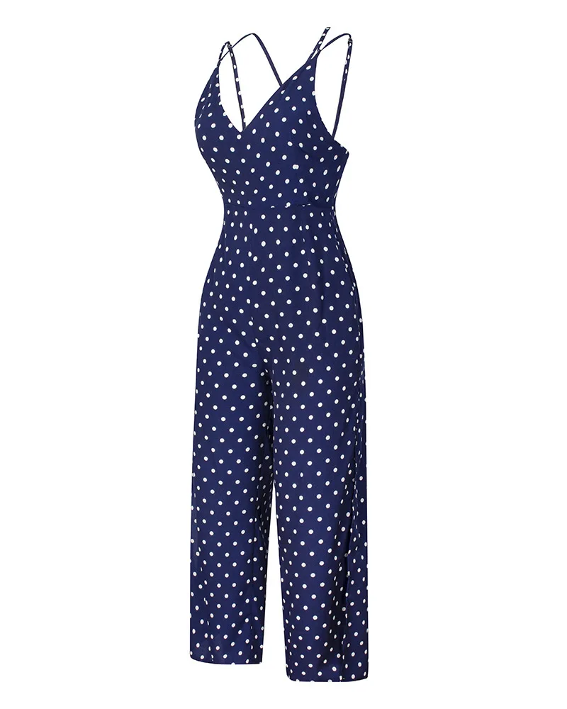 

Blue Dot Print High Waist Jumpsuit Fashion Women Sexy Jumpsuit Chiffon Beach Street Wear Backless Jumpsiut Romper Long Trousers