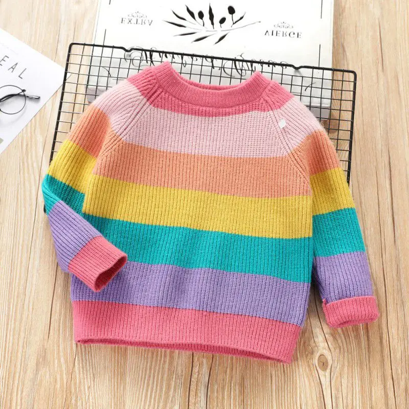 

Baby Rainbow Stripe Casual Basic Sweater Crewneck Thick Kids Slouchy Soft Wool Clothing for Boys Girls Autumn Winter Sweaters