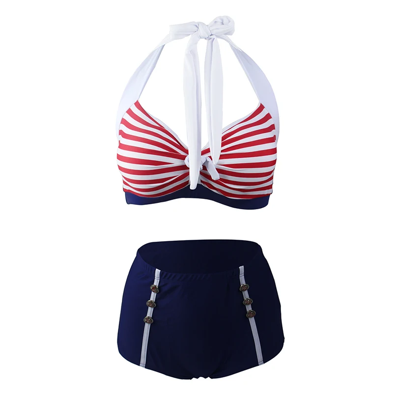 

European and American Style Trade Split Women's Bikini High Waist Bag Hip Swimsuit Striped Retro Plus Size Sexy Cute Swimwear