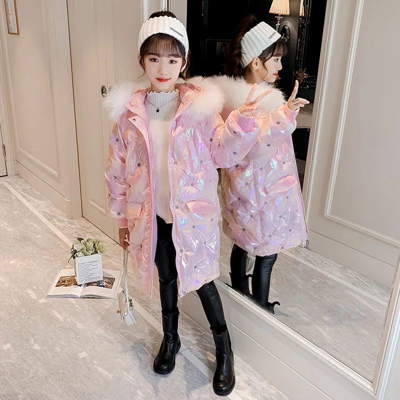 Зимнее хлопковое пальто с капюшоном и меховым воротником для девочек детская