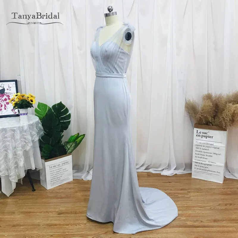 

Illusion V Neck Wedding Party Dresses Mermaid Soft Satin Simple Long Bridesmaid Dresses With 30cm Train