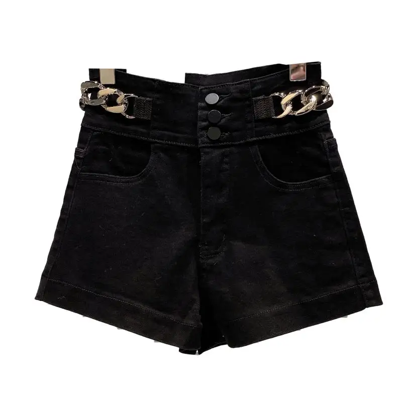 

2021 Spring New Hot Pants Side Waist Metal Chain Design Washed Three-point Black Denim Shorts Tide Women Short Pants