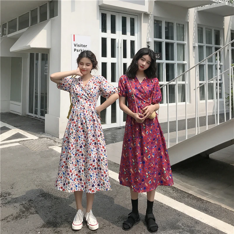 Женское платье с коротким рукавом V образным вырезом|Женские платья| |