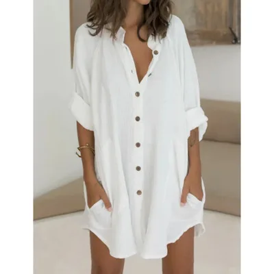 Plus Size Shirt Women White Button Down Shirt Loose Turn Down Collar Casual Blouse Womens Tops and Blouses Shirts With Pocket
