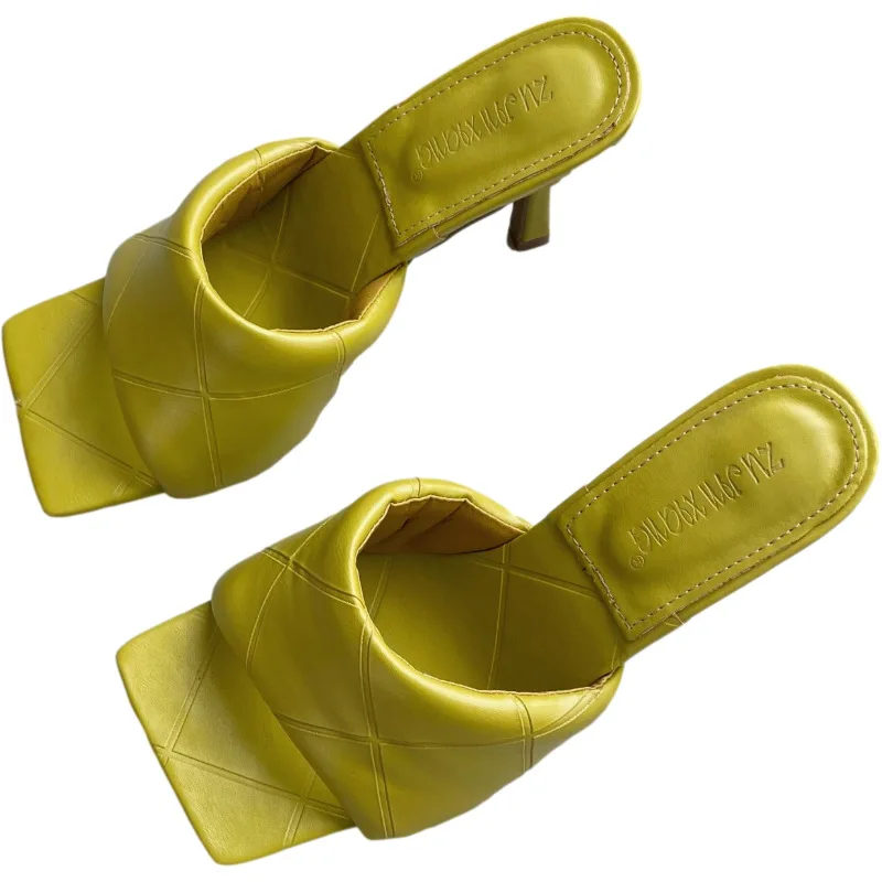 

2021 new diamond high heel stiletto sandals women soft leather fashion square toe sandals solid color slippers