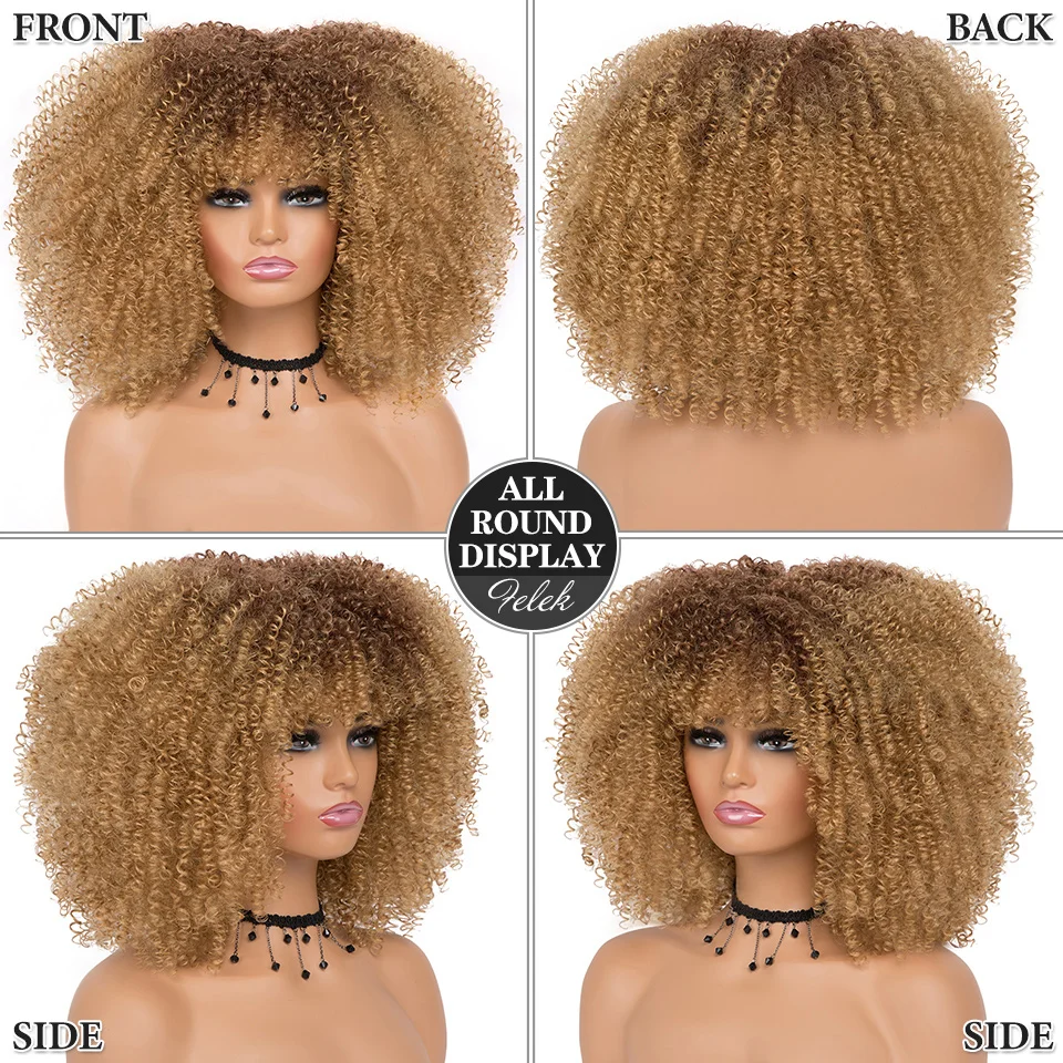 Short Hair Afro Kinky Curly Wigs With Bangs For Black Women African Synthetic Ombre Glueless Cosplay Wigs High Temperature Felek