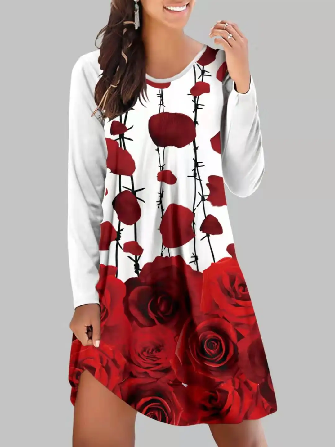 

Printed Long-Sleeved A-Line Dress for Women Fall Loose Nightdress All-Match Robes Femme V-Neck Vintage Mini Dresses Vestidos