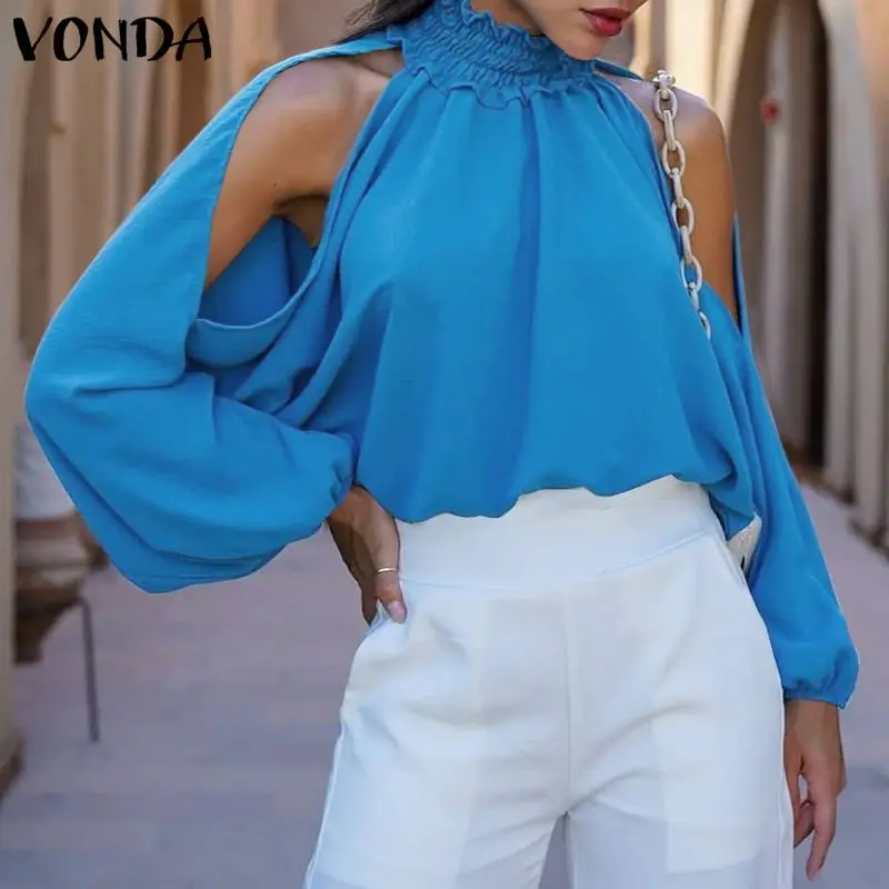 

VONDA стильные женские топы 2021 Осенние сексуальные блузки с открытыми плечами, элегантные рубашки с длинным рукавом и высоким воротником, блу...