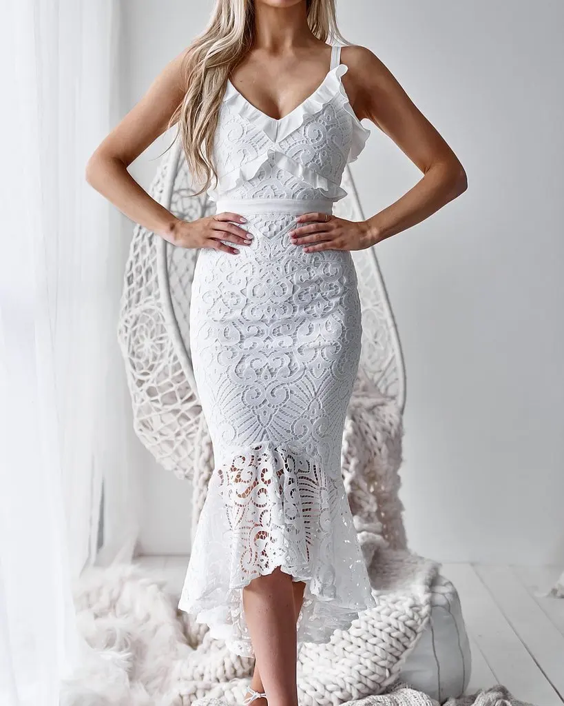 Echoine 2019 Elegant V Neck Backless Women Long Party Dress Woman White Lace Patchwork Female Bodycon Sexy Mermaid Formal | Женская