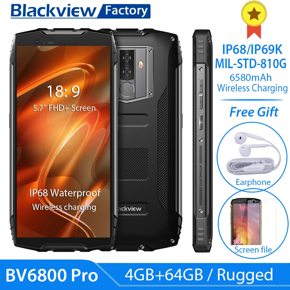 Blackview BV6800 Pro IP68 IP69K прочный смартфон 5," FHD 4 Гб+ 64 Гб 16,0 Мп мобильный телефон MT6750T Восьмиядерный Android 8,0 NFC 4G