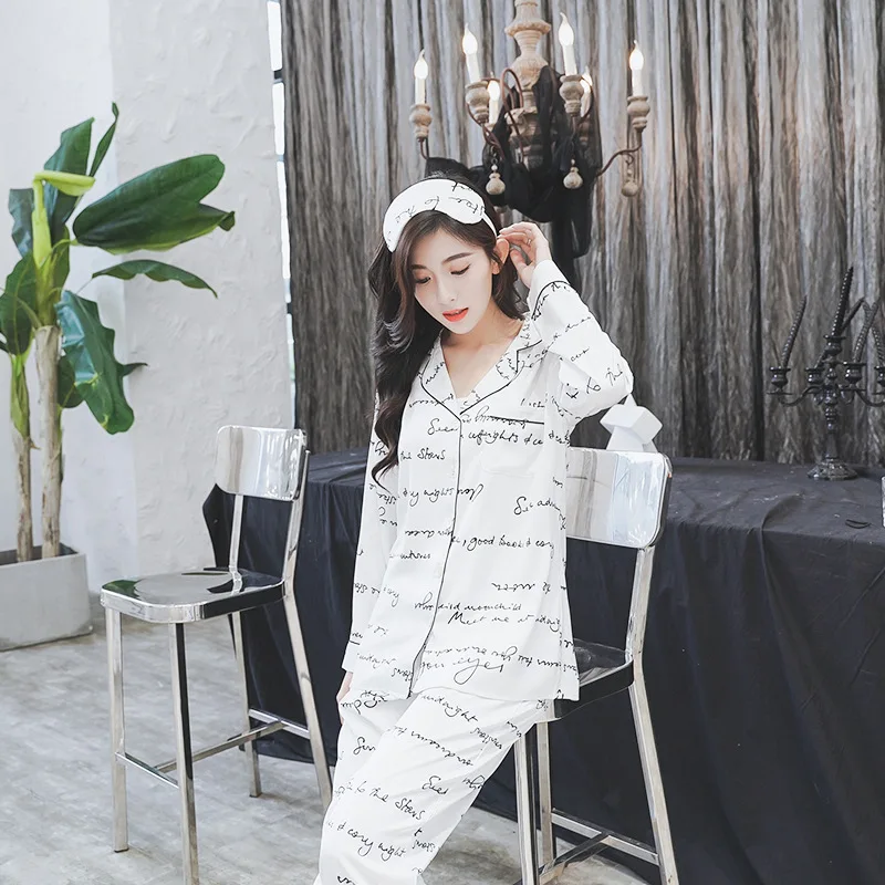 2019 новые шелковые пижамы с принтом для женщин длинным рукавом из двух частей