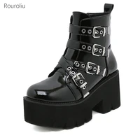 2021 thick sole belt buckle womens boots autumn chunky heel motorcycle shoes female side zipper platform ankle boots
