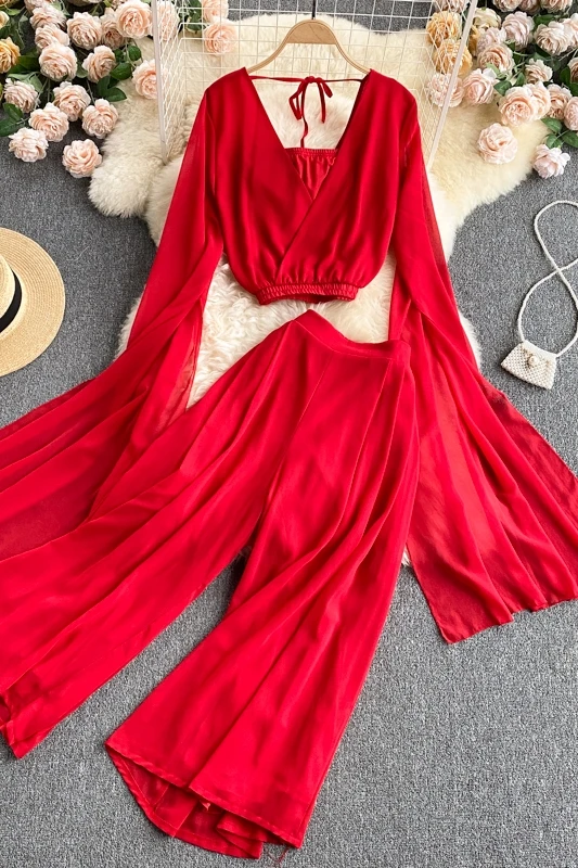 

Fashion Summer Women Seaside Holiday Suit Sexy V-neck Top And Wide Leg Pants New 2021 Female Solid Casual Chiffon Two Piece Set