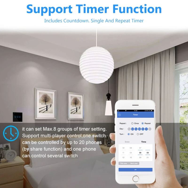 Сенсорный выключатель Smart Panel Wall 1/2/3 Gang светильник US / EU Standard Work Alexa Google Home Control