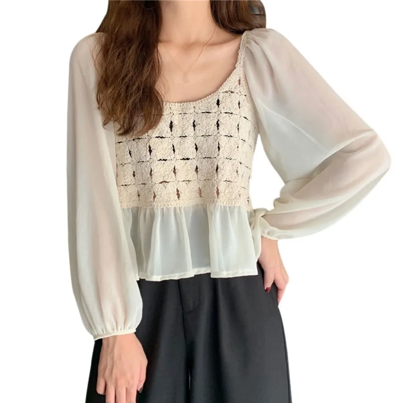 

Early Autumn Hollow Crochet Flower Long-sleeved Chiffon Women's Blouse
