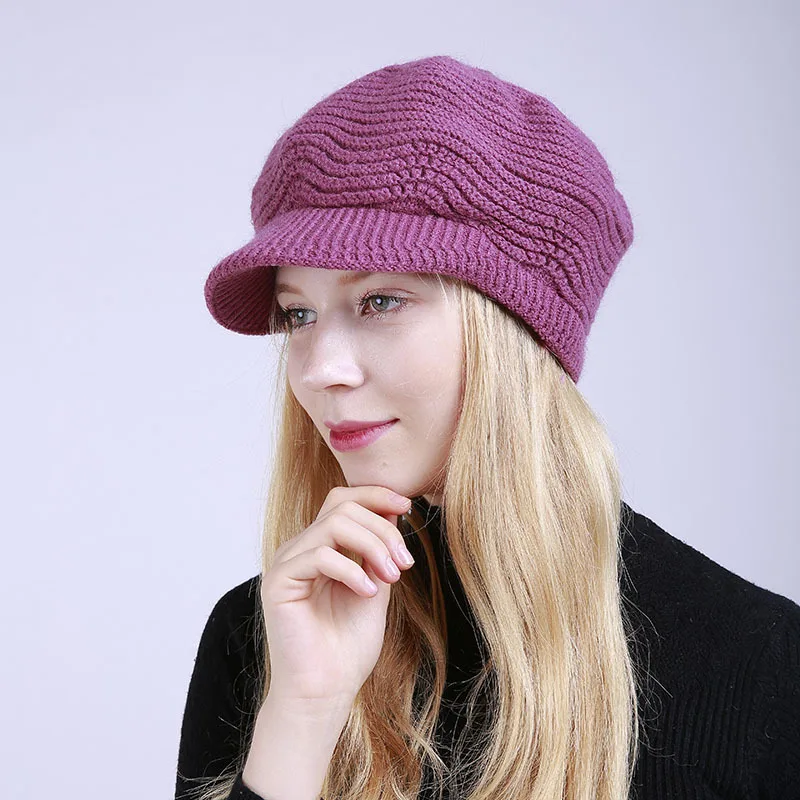 

Winter Solid Plus Velvet Hat Women Fashion 100% Merino Wool Newsboy Cap Winter Hats Visor Beret Cold Weather Knitted Caps