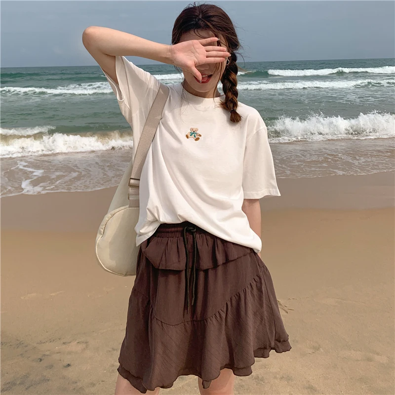 Повседневная Свободная футболка Ins с медведем женские футболки топы японские