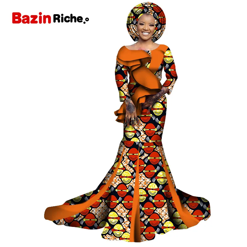 Gifted Headwrap Traditional African Women Clothing Floor-length African Wax Cotton Custom Women Birthday Party Dresses WY7073