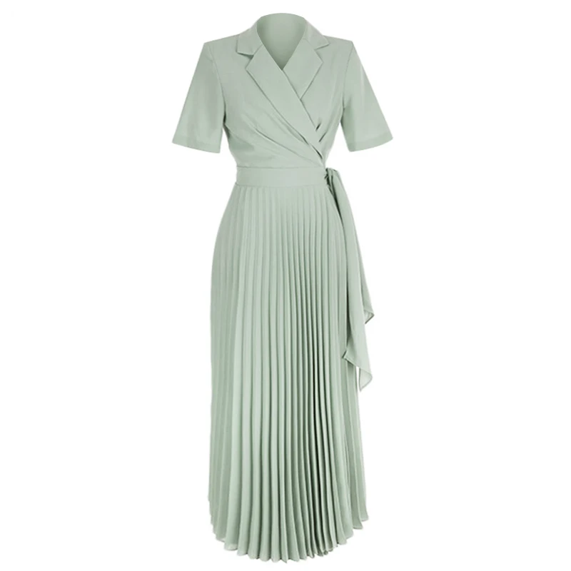 Женское плиссированное платье средней длины с коротким рукавом и высокой талией