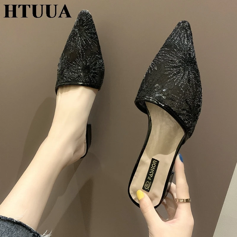 HTUUA/; вышитые шлепанцы с дышащей сеткой; женские шлепанцы с острым носком; шлепанцы на маленьком каблуке; Летняя женская обувь; SX2520
