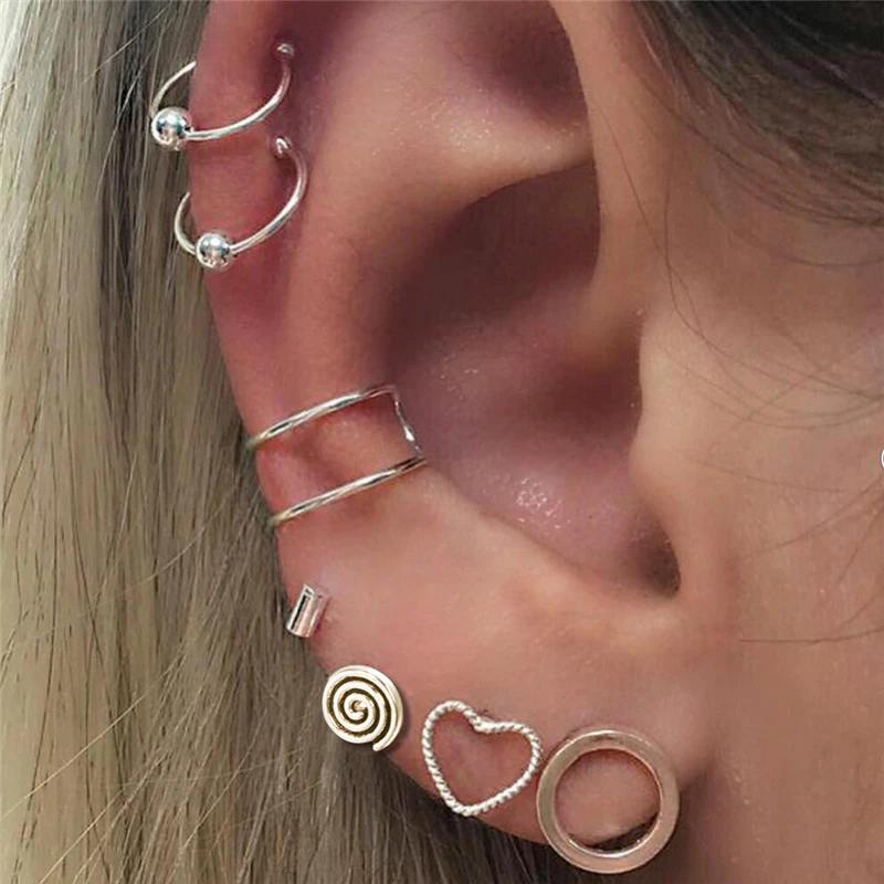 

Luokey Retro Bohemian Simple Stud Earrings Set Silver Color Small Heart Earrings Minimalist Charm Brincos Jewelry For Women Gift