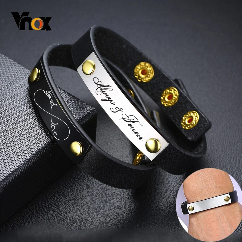 Мужской браслет из натуральной кожи Vnox черный классический нержавеющей стали с