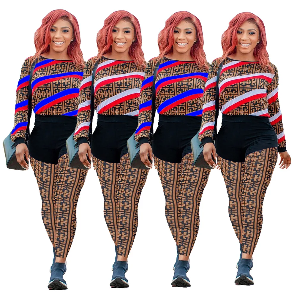 

14JH127 осенне-зимний женский Повседневный модный спортивный комплект из двух предметов с разноцветным принтом, топ и штаны, спортивный костюм...