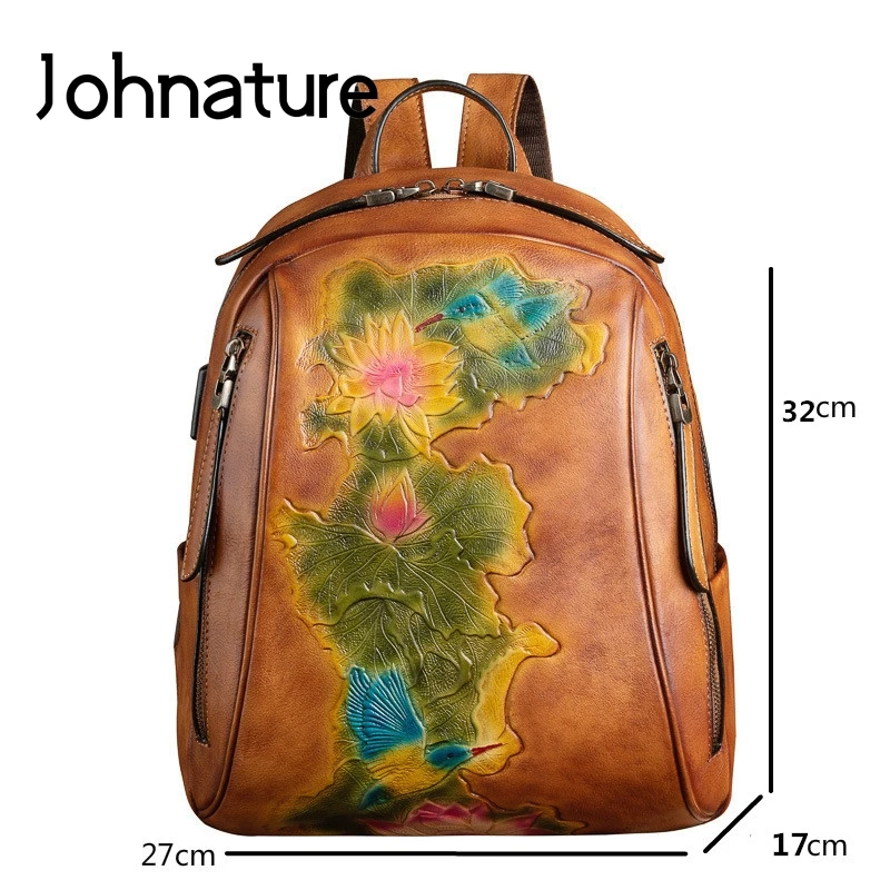 

Bestform 2021 New Retro Backpack Handmade Embossing Genuine Leather Bagpack Women Bag First Layer Cowhide Floral Travel Bags