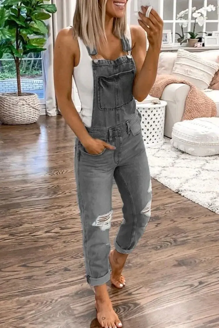 

2021 new sports double shoulder strap ripped denim jumpsuit women's casual