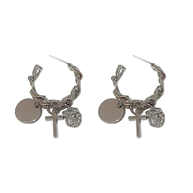 

TIMEONLY Korean Exaggerated Cross Coin Hoop Earring Hollow Chains Earrings for Women Female Statement Jewellery Trendy Charm