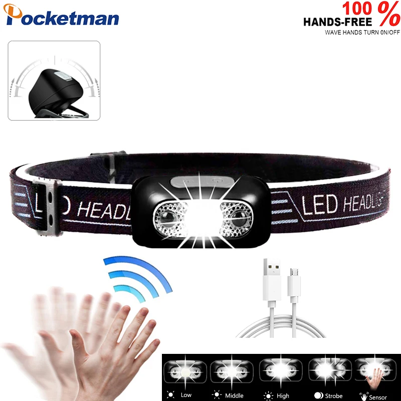 

Powerful Induction LED Headlamp USB Rechargeable Headlight Built-in Battery Head Front Light Body Motion Sensor Head Lamp