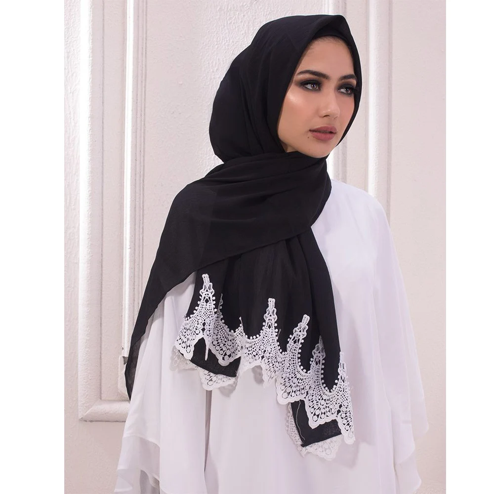 

Plain Bubble Heavy Chiffon Wrap With Black Embroidered Lace Solider Color Shawls Headband Muslim Hijabs Scarves/Scarf