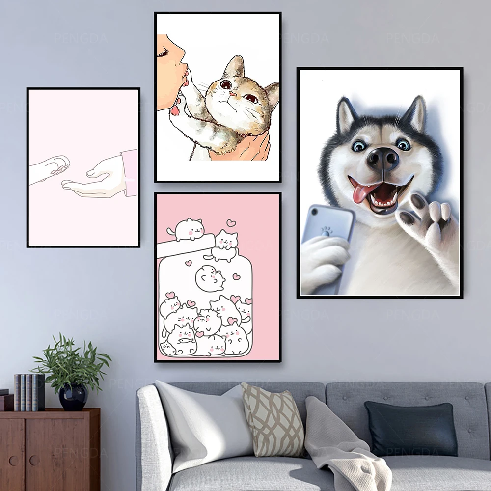 

Cartoon Cute Cats and Dogs Wall Art Canvas Painting Nordic Posters and Prints Wall Pictures for Living Children Home Decoration